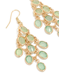 Beautifully designed gold green diamantes cascading drop earrings with statement detailing close up view - link has visual effect only