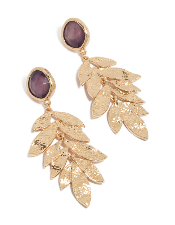 Showcasing statement drop earrings with purple beads, textured layered petals in gold front view