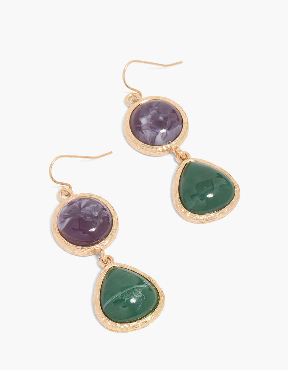 Beautifully crafted gold purple and green acrylic drop earrings with statement style front view