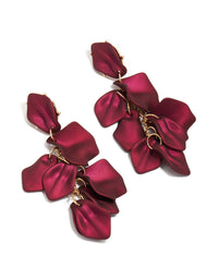 Crafted with statement these burgundy coated metal petal drop earrings feature maroon and gold tones front view - link has visual effect only