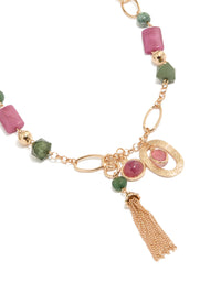 Gold Pink & Green Acrylic Beaded Long Fringe Necklace - link has visual effect only