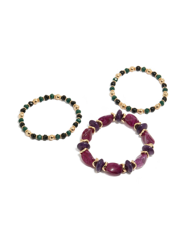 Discover mixed beaded and balls stretch bracelets in a 3-pack featuring chunky style with dark magenta, gold, green, and black beads front view