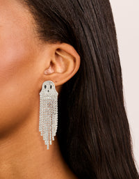 Experience silver diamante cupchain ghost drop earrings with tassel in statement style on ear view - link has visual effect only