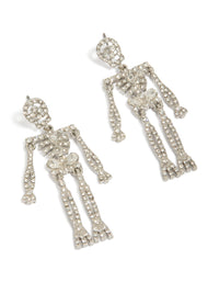 Showcasing silver diamante glam skeleton drop earrings with statement style front view - link has visual effect only