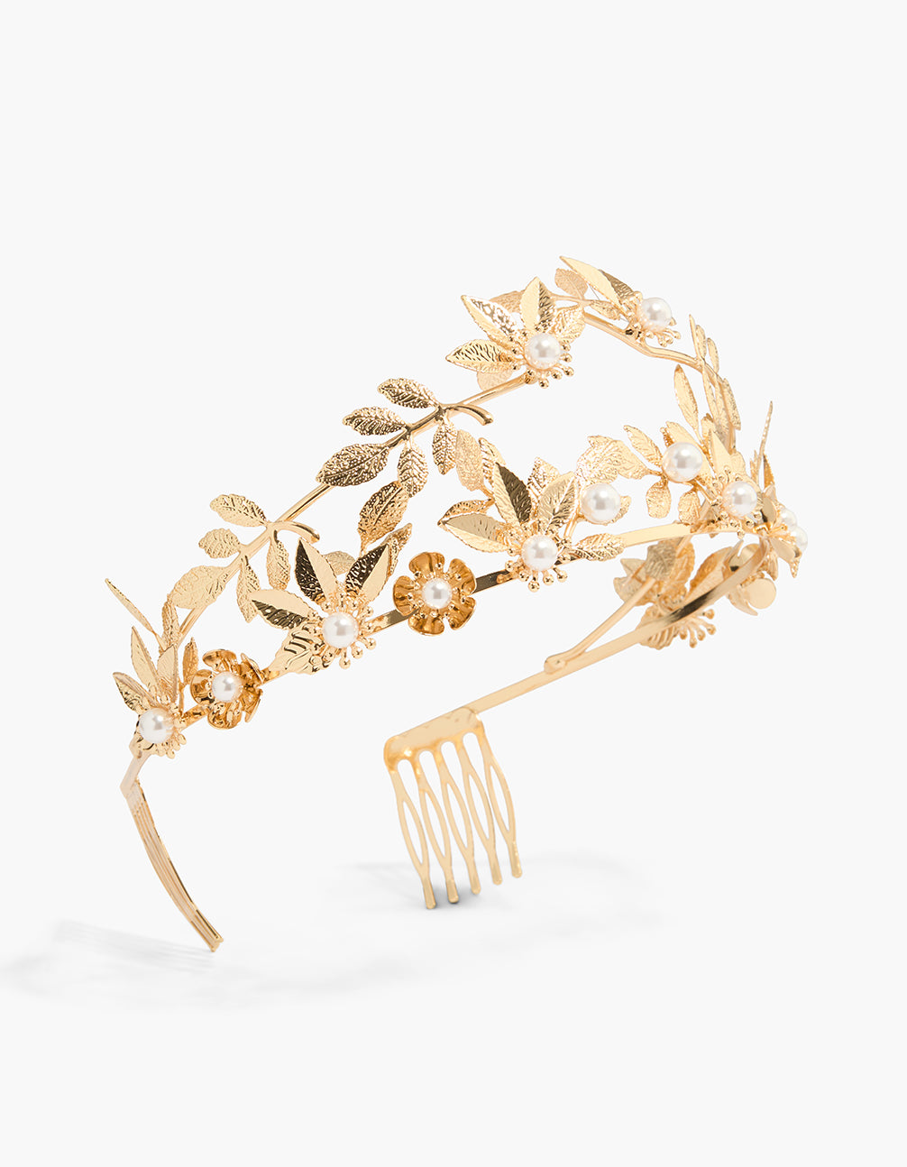 Showcasing a Gold Roman Queen Tiara featuring floral leaf pearl accents front view