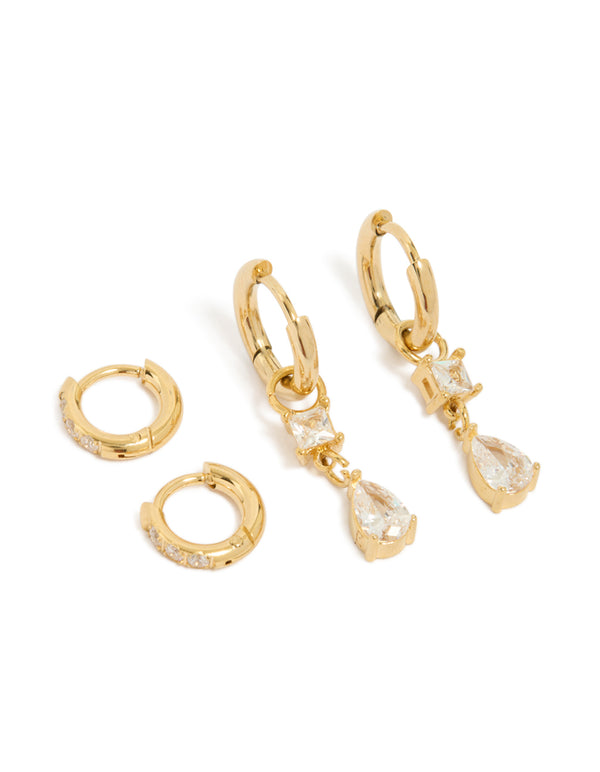 Showcasing waterproof gold plated stainless steel cubic zirconia mixed huggie drop earrings in a 2-pack with crystal accents front view