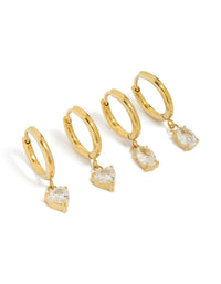 Showcasing waterproof gold plated huggie drop earrings crafted from stainless steel with cubic zirconia in a 2-pack with heart feature front view - link has visual effect only