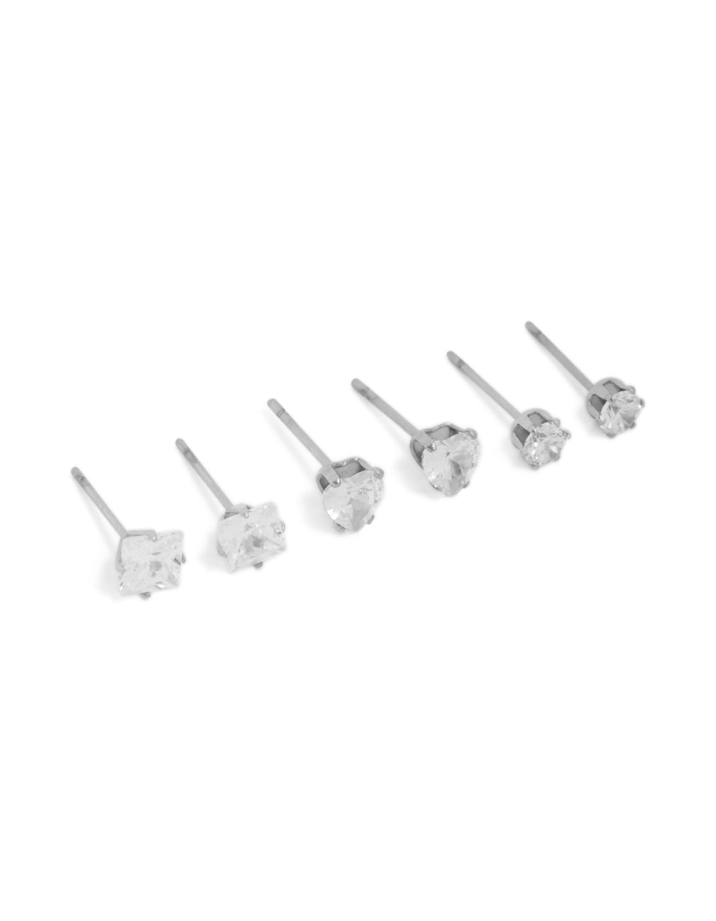 Showcasing waterproof stainless steel mixed stud earrings in a 3-pack featuring cubic zirconia with heart feature and round stone cut in silver finish front view