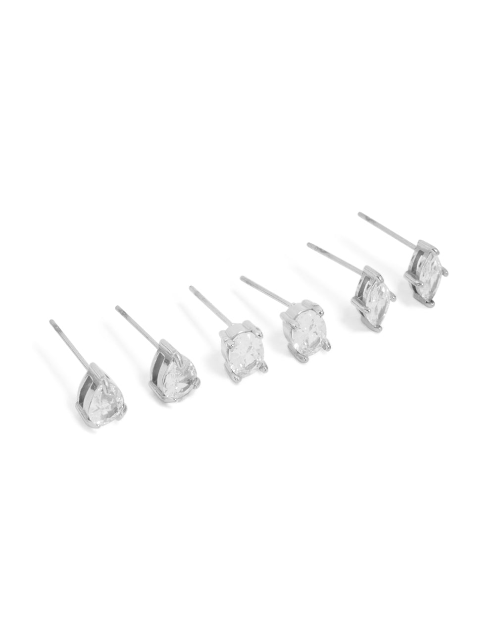 Showcasing waterproof stainless steel classic stud earrings 3-pack with oval, marquise, and pear cut cubic zirconia in silver and clear front view