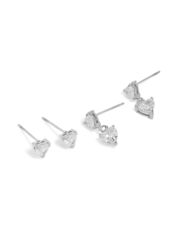 Showcasing waterproof stainless steel cubic zirconia heart stud and drop earrings in a 2-pack with silver and clear tones front view