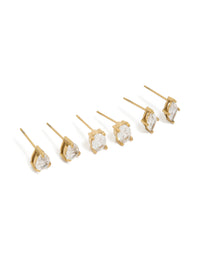 Showcasing waterproof stainless steel stud earrings with cubic zirconia in marquise and pear stone cuts, crafted from gold plated material, 3-pack front view - link has visual effect only