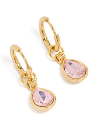 Featuring waterproof gold plated stainless steel pink cubic zirconia pear drop huggie earrings with crystal details front view - link has visual effect only