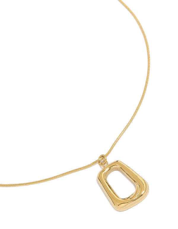Showcasing a waterproof gold plated stainless steel open rectangle pendant necklace close up view
