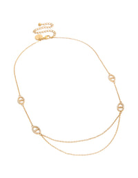 Discover a waterproof double chain necklace in stainless steel with gold plating, featuring oval design with cubic zirconia stones front view - link has visual effect only