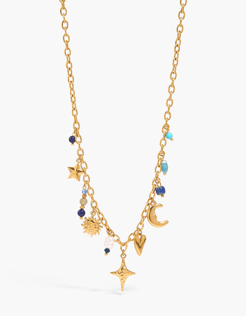 Showcasing a waterproof celestial beaded charm necklace crafted from stainless steel with moon, star, sun, pearl, heart accents in turquoise, dark blue, white tones close up view
