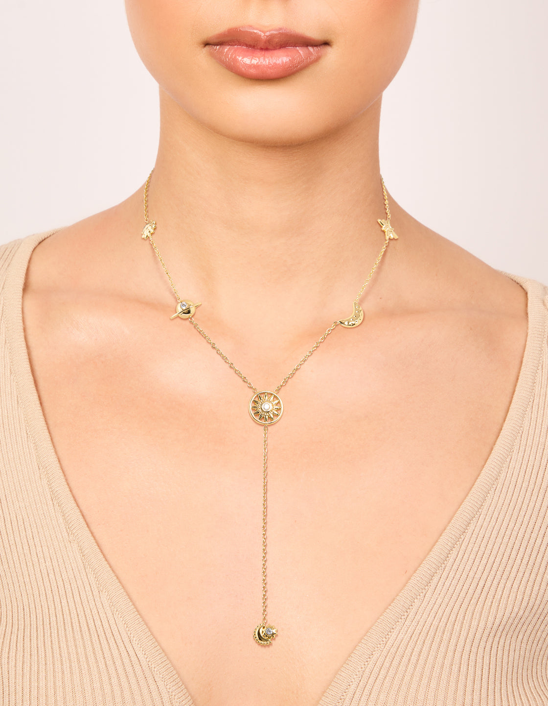 Elegant waterproof celestial pendant Y-necklace in gold plated stainless steel on neck view