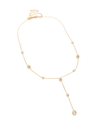 Explore a waterproof Y-necklace featuring stainless steel with cubic zirconia in oval station settings and gold plated finish front view - link has visual effect only