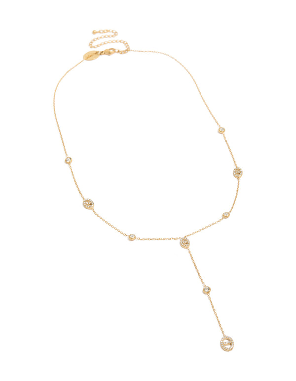 Explore a waterproof Y-necklace featuring stainless steel with cubic zirconia in oval station settings and gold plated finish front view