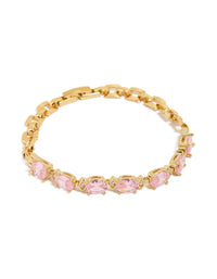 Waterproof Gold Plated Stainless Steel Pink Cubic Zirconia Oval Link Bracelet - link has visual effect only