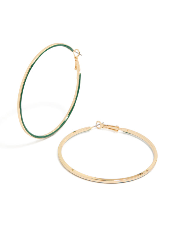 Gold Gren Enamel Outline Hoop Earrings
