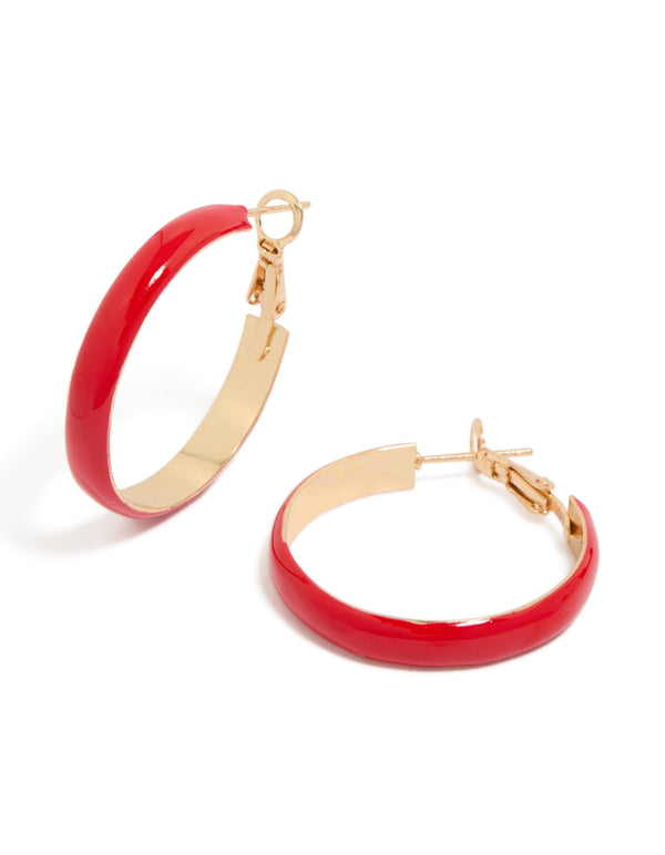 Gold Simple Red Enamel Hoop Earrings