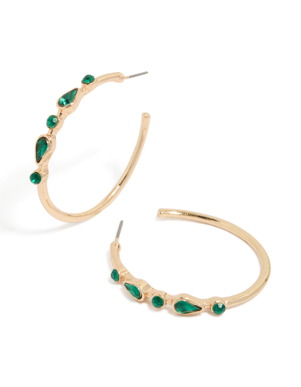 Showcasing statement hoop earrings in gold with round cut dark green diamante embellishments front view