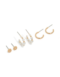 Featuring gold diamante and pearl earrings in a 3-pack hoop and stud closures front view - link has visual effect only