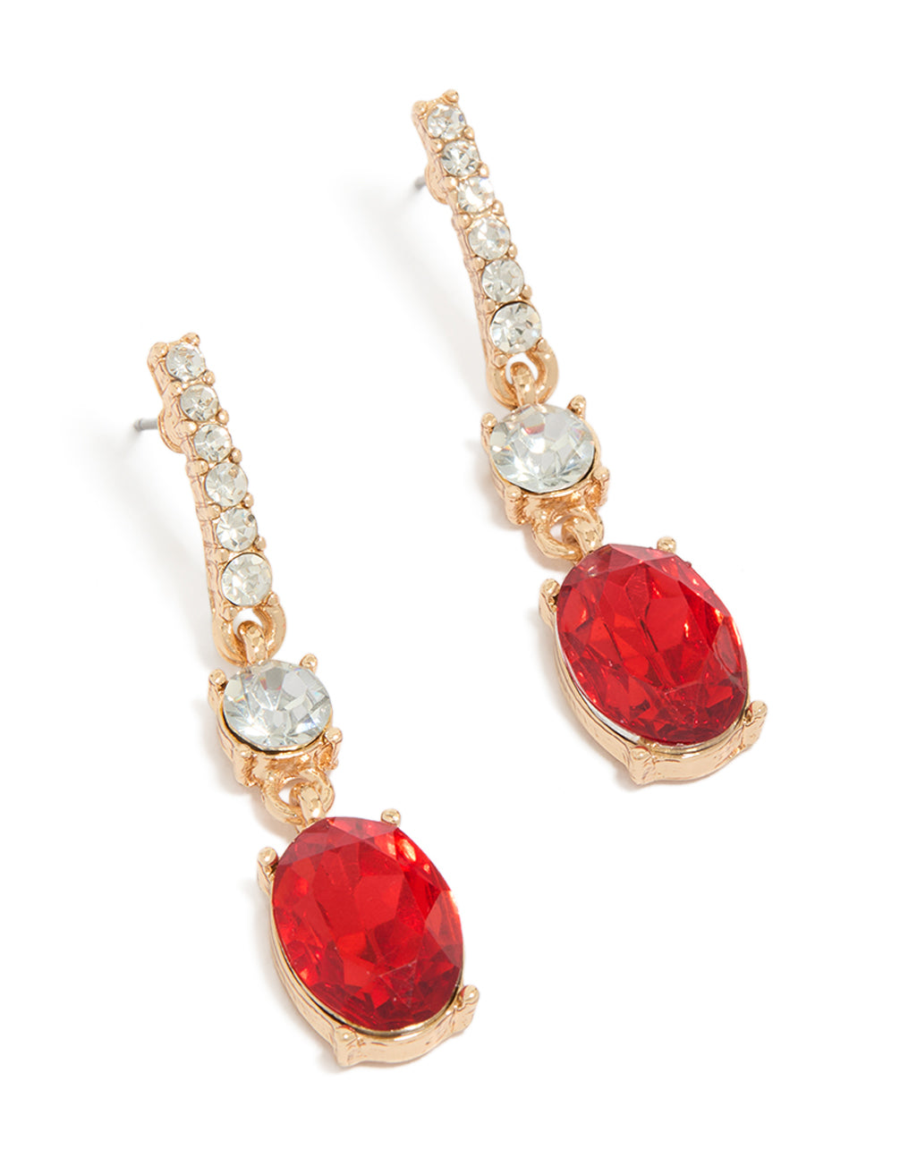 Showcasing statement earrings with oval stone cut and diamante accents in gold, red, and clear front view