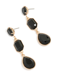 Elegant gold multi-shaped drop earrings featuring black diamantes in statement style front view - link has visual effect only