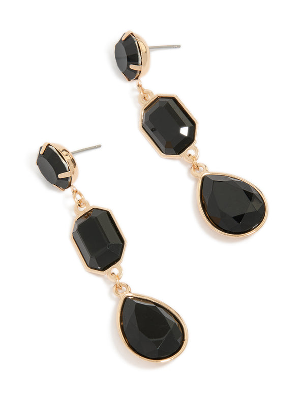 Elegant gold multi-shaped drop earrings featuring black diamantes in statement style front view
