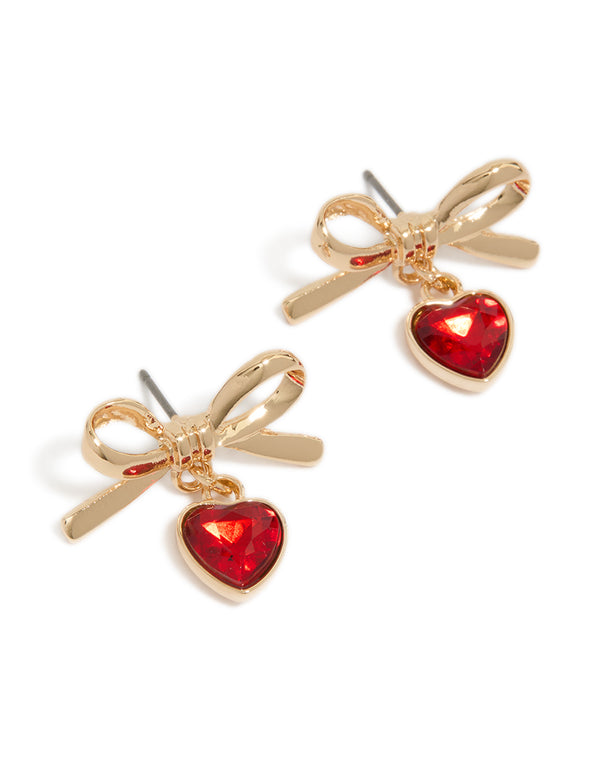 Gold Bow & Red Diamante Heart Drop Earrings