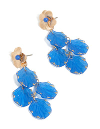 Showcasing gold blue petal drop stud earrings featuring floral design in dodger blue front view - link has visual effect only