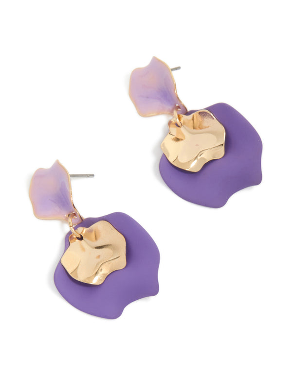 Showcasing gold double purple petal drop earrings in lavender and medium purple front view
