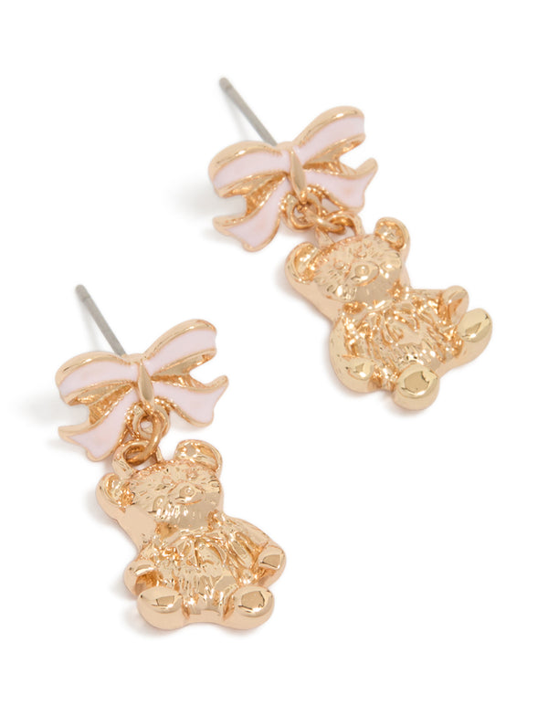 Gold Light Pink Bow & Bear Drop Earrings