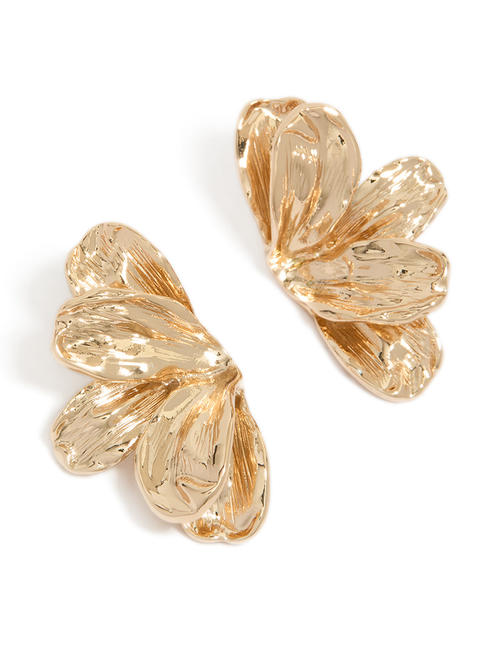 Showcasing large half flower stud earrings in gold with floral detailing front view