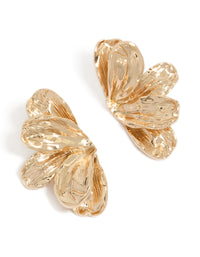 Showcasing large half flower stud earrings in gold with floral detailing front view - link has visual effect only