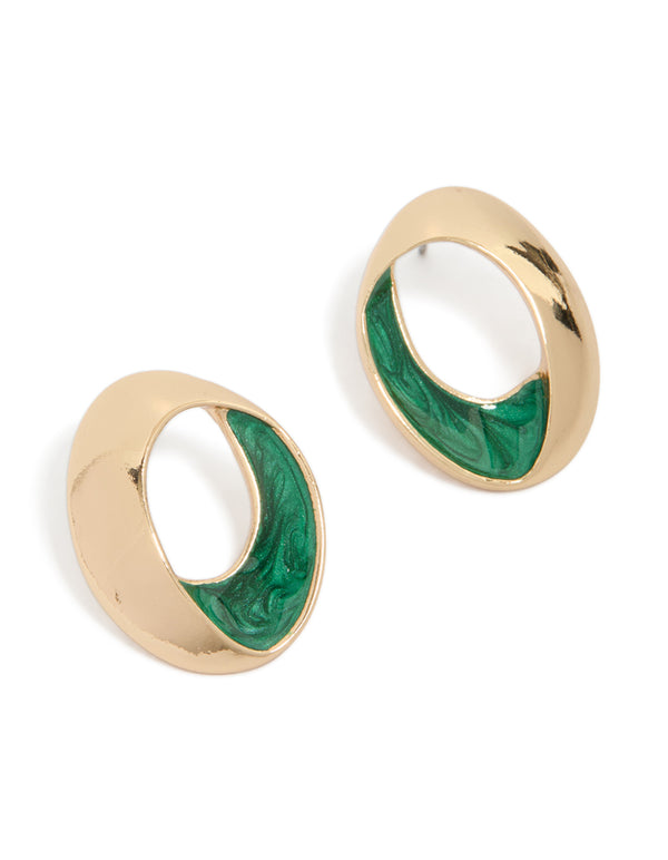 Gold Green Enamel Twist Earrings