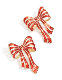 Gold Oversized Red & White Striped Bow Earrings - link has visual effect only