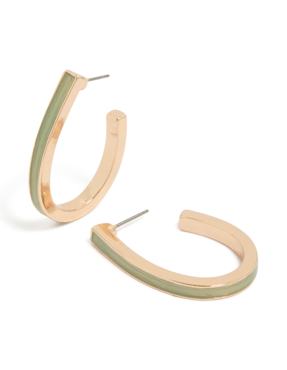 Striking gold hoop earrings featuring green enamel in an oval shape with statement styling front view