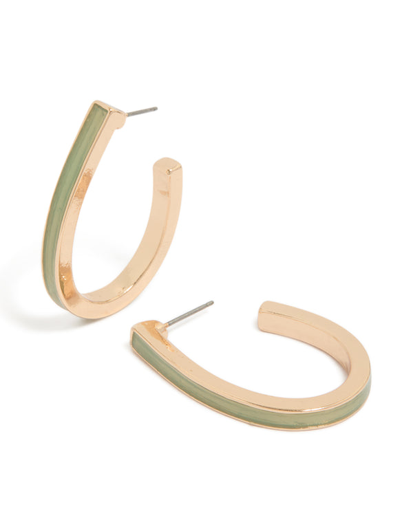 Gold Green Enamel Oval Hoop Earrings