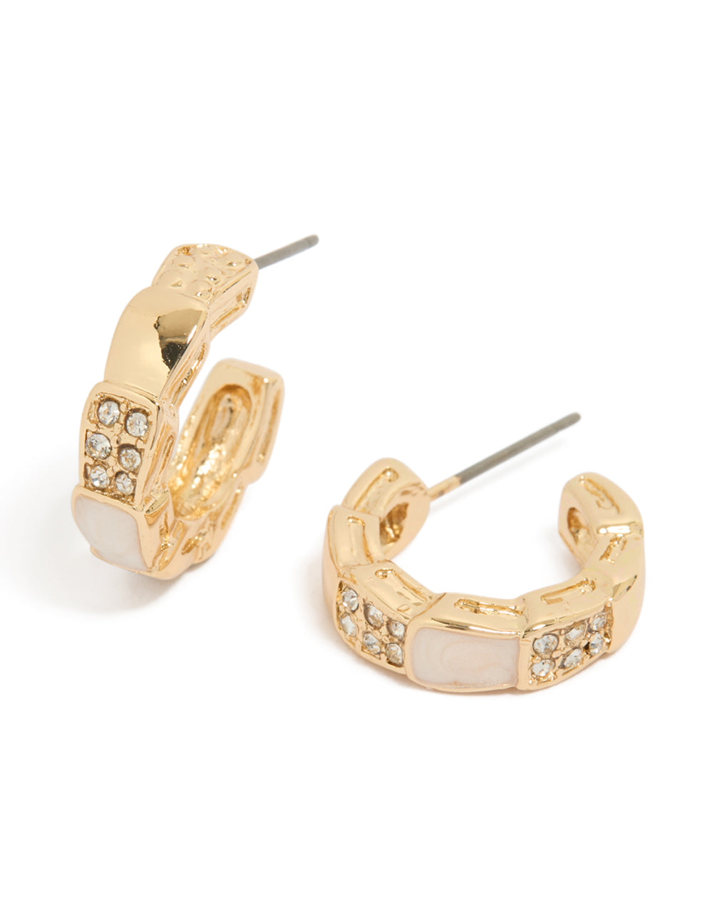 Showcasing gold snake skin huggie earrings front view