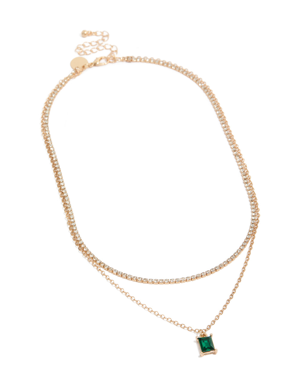 Featuring a gold cupchain green baguette layered necklace front view