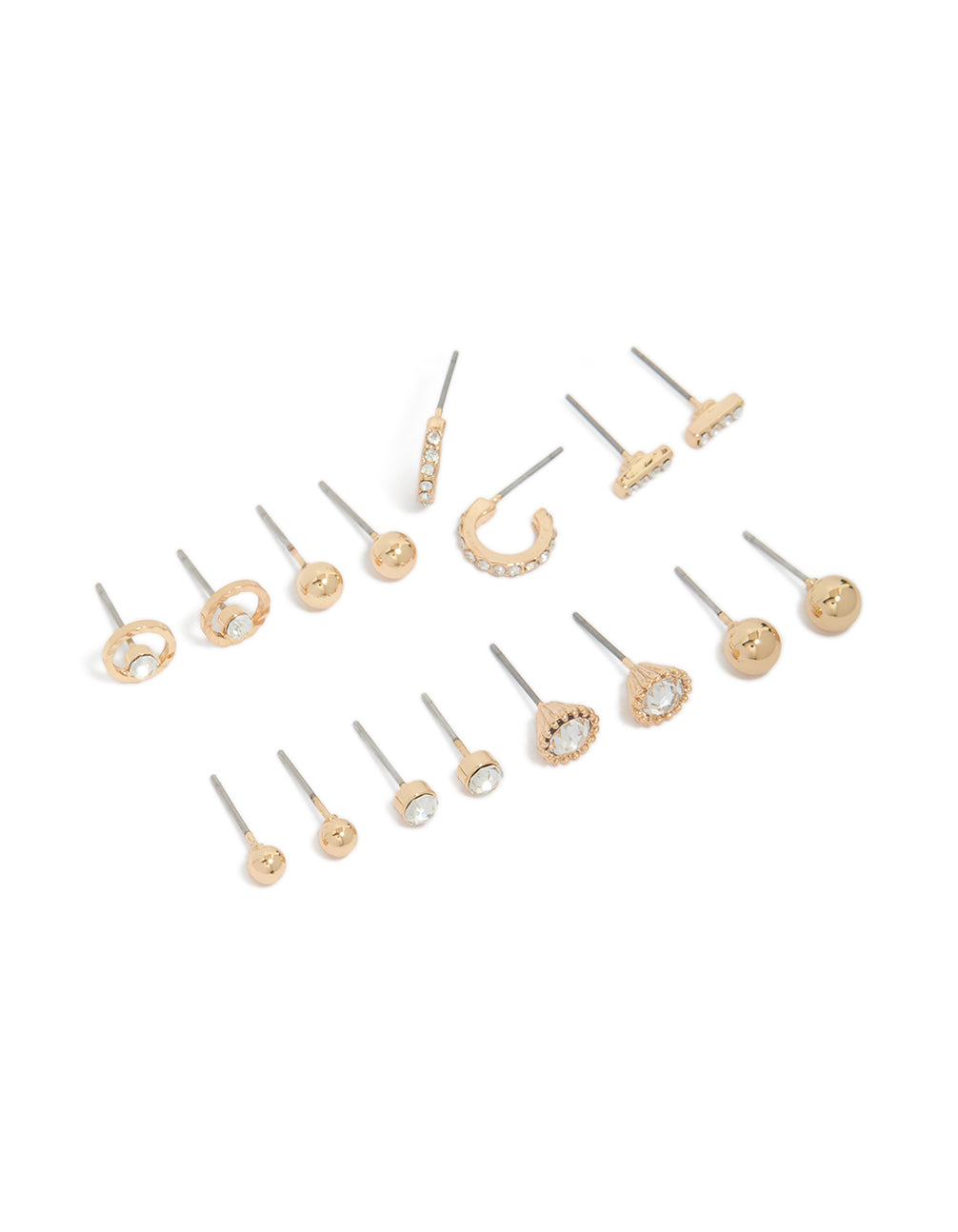 Featuring dainty mini hoop and stud earrings in an 8-pack with bar and ball design, gold finish front view