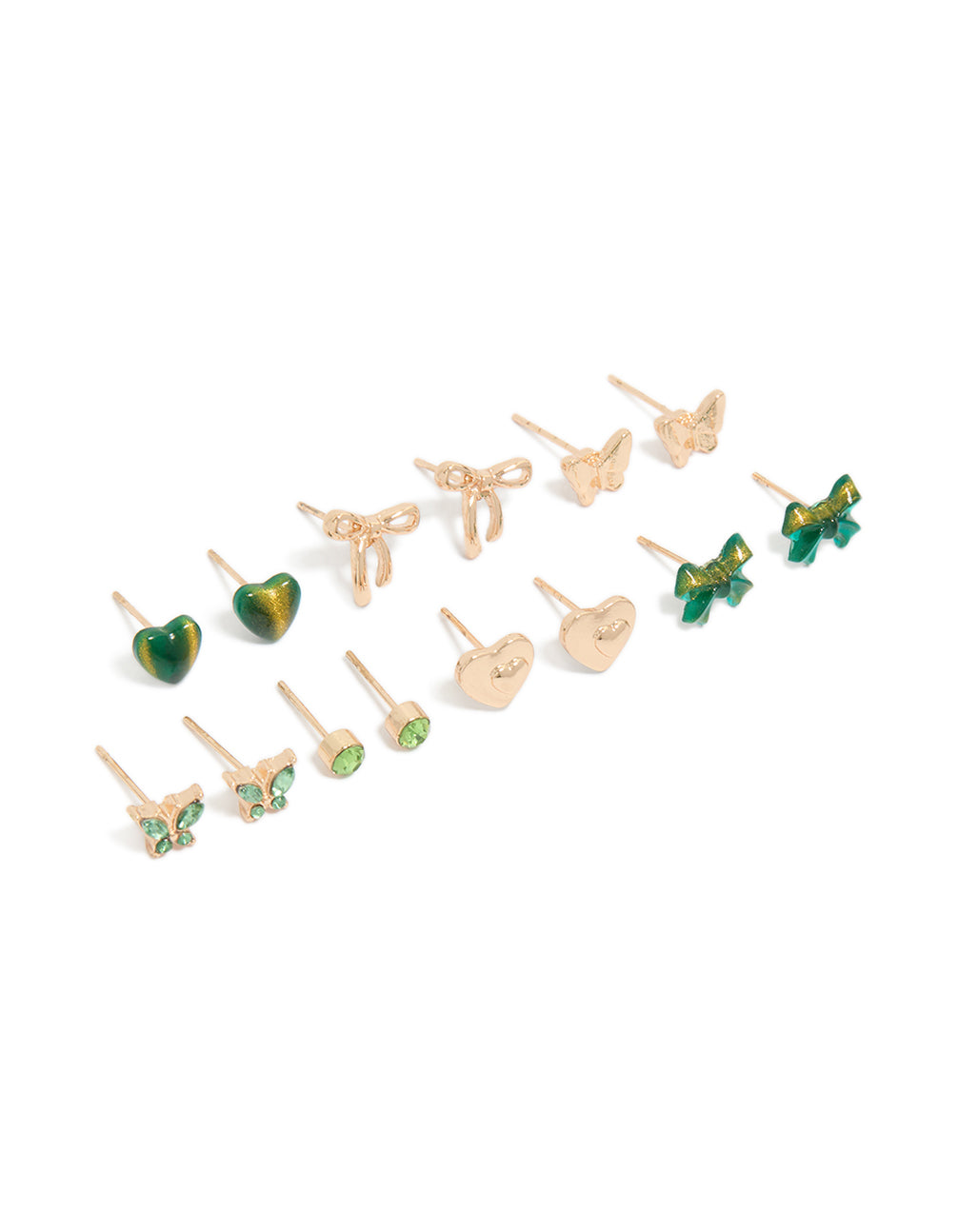 Showcasing a 7-pack of stud earrings featuring bow, butterfly, heart motifs with glitter accents in gold and dark green tones front view