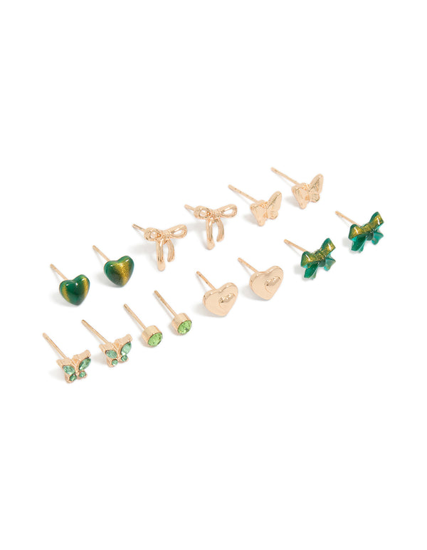 Gold Green Diamante & Heart Earrings 7-Pack