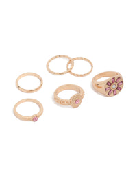Gold Floral Diamante Signet Rings 6-Pack - link has visual effect only