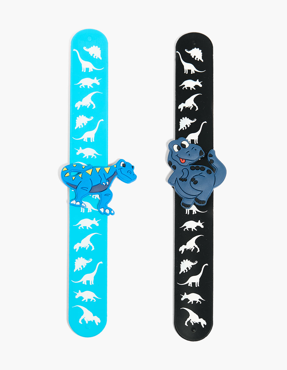 Showcasing a 2-pack of kids dinosaur slap bands with animal in novelty print featuring aqua, black, white, and gold front view