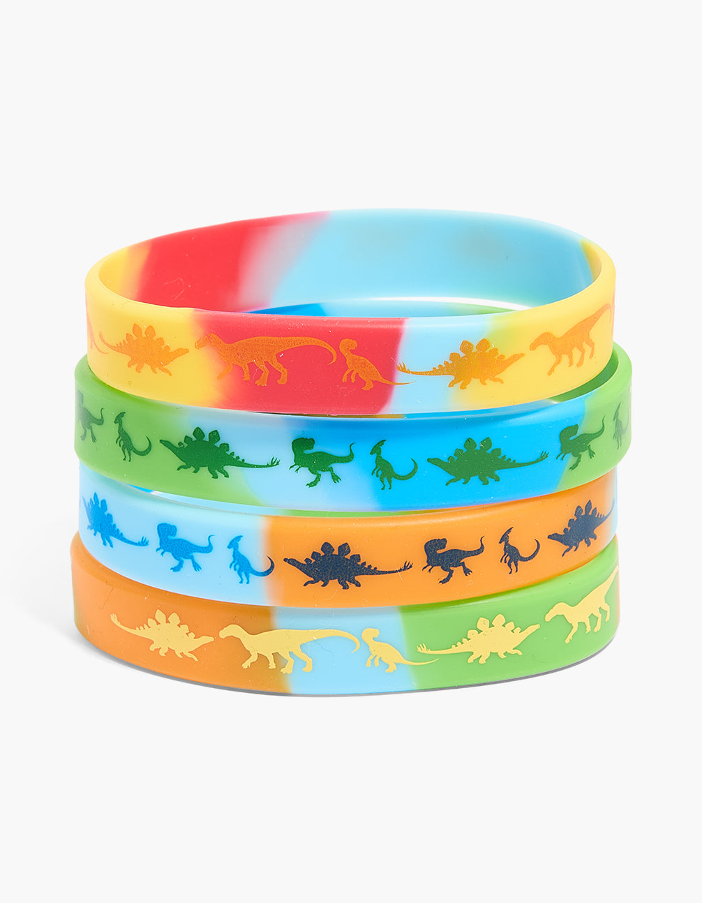Featuring animal dinosaur stretch bracelets in a 4-pack with light sky blue, yellow, orange, and lime green ombre colors front view