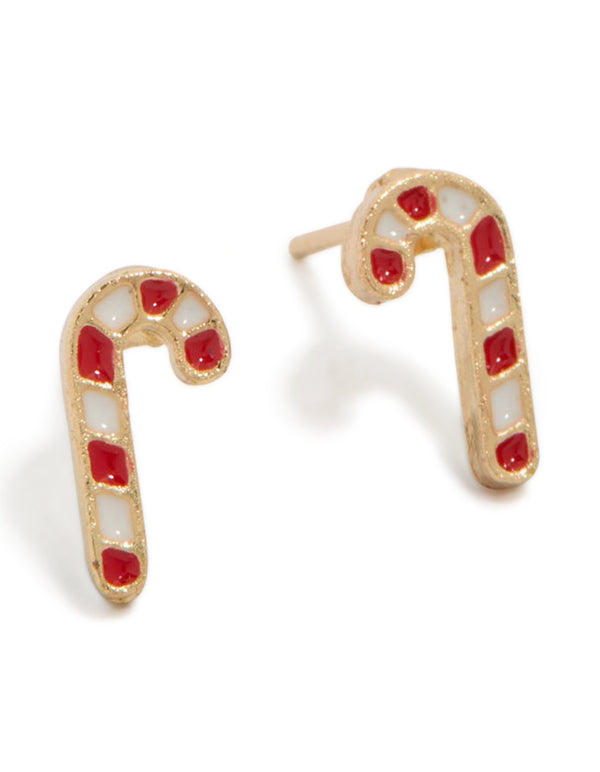 Gold Red & White Candy Cane Stud Earrings