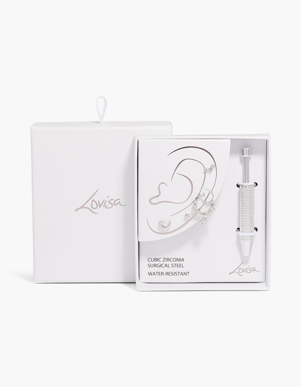 Discover the surgical steel flat back tool and celestial earrings pack with cubic zirconia, featuring star, moon, and sun charms in silver close up view